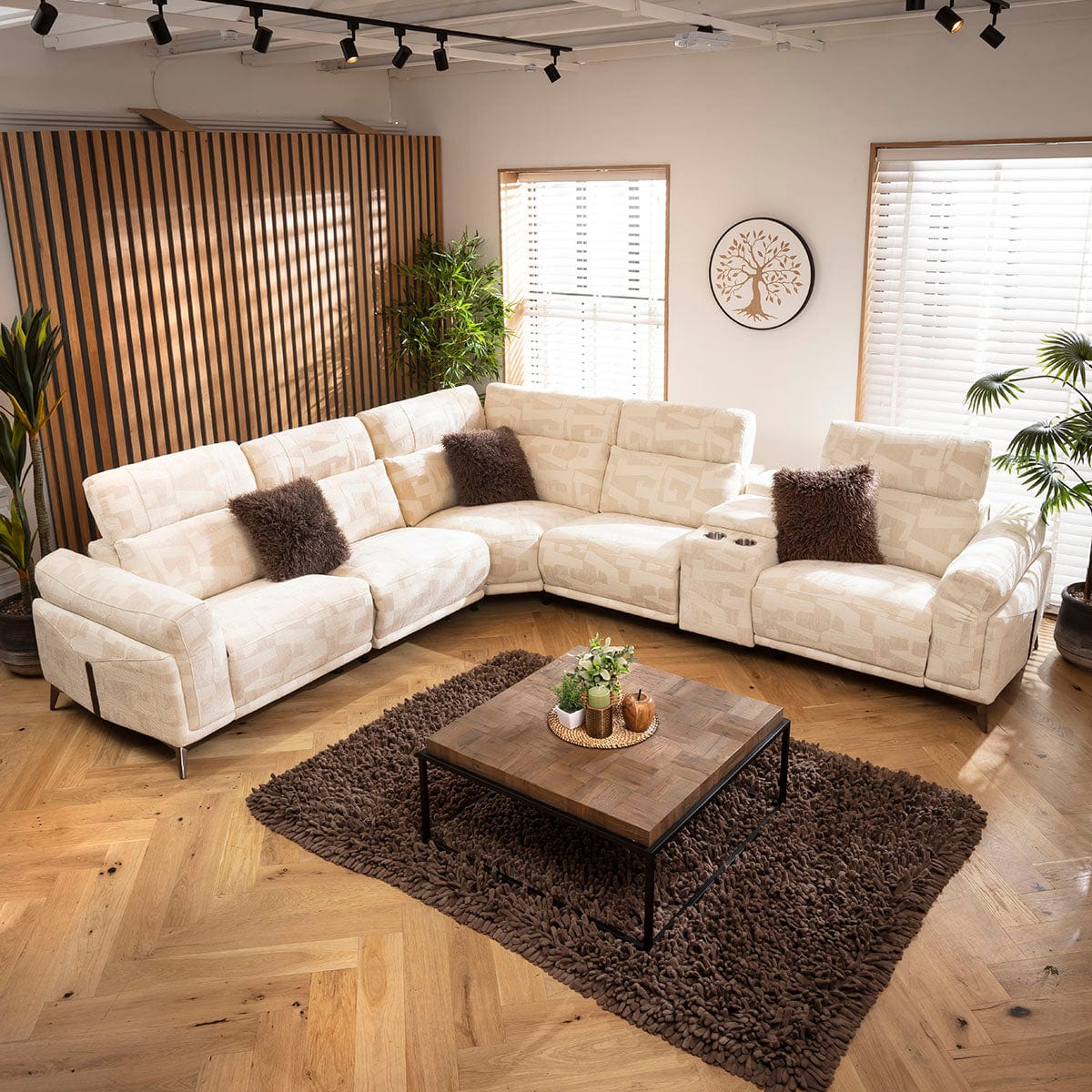 Sydney Large Recliner Corner Sofa with Built in Sound System & Storage Cream Pattern 340x300cm