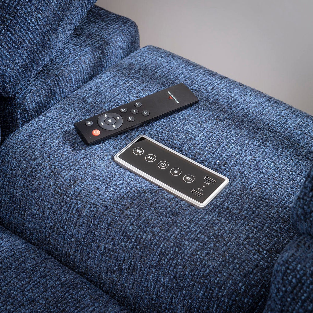 Sydney Large Recliner Corner Sofa with Built in Sound System & Storage Dark Blue 340x300cm