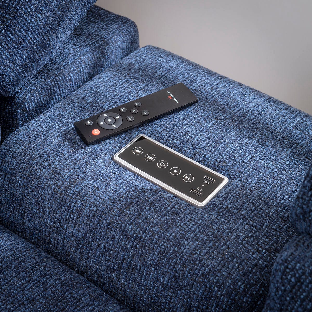 Sydney Large Recliner Corner Sofa with Built in Sound System & Storage Dark Blue 340x300cm