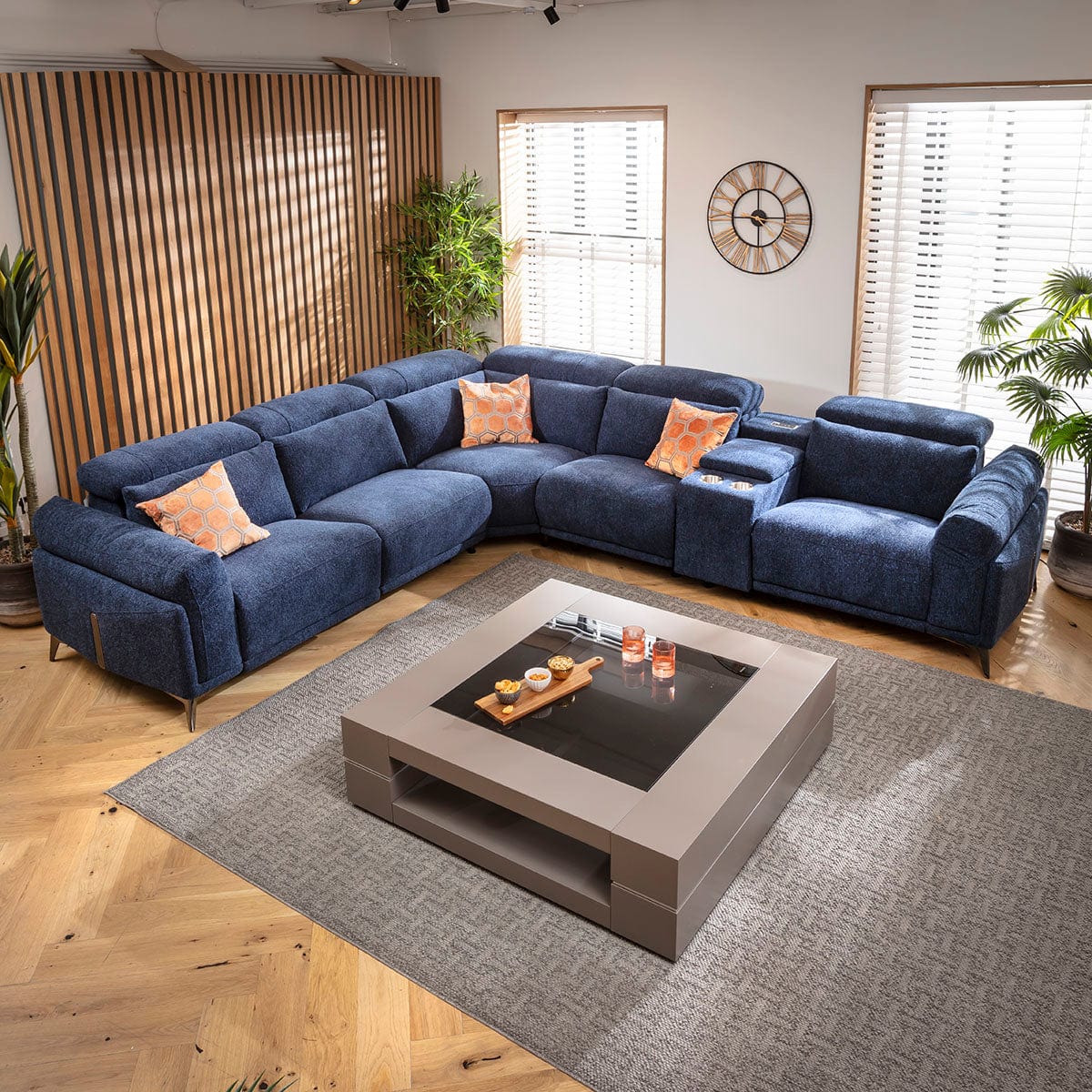 Sydney Large Recliner Corner Sofa with Built in Sound System & Storage Dark Blue 340x300cm