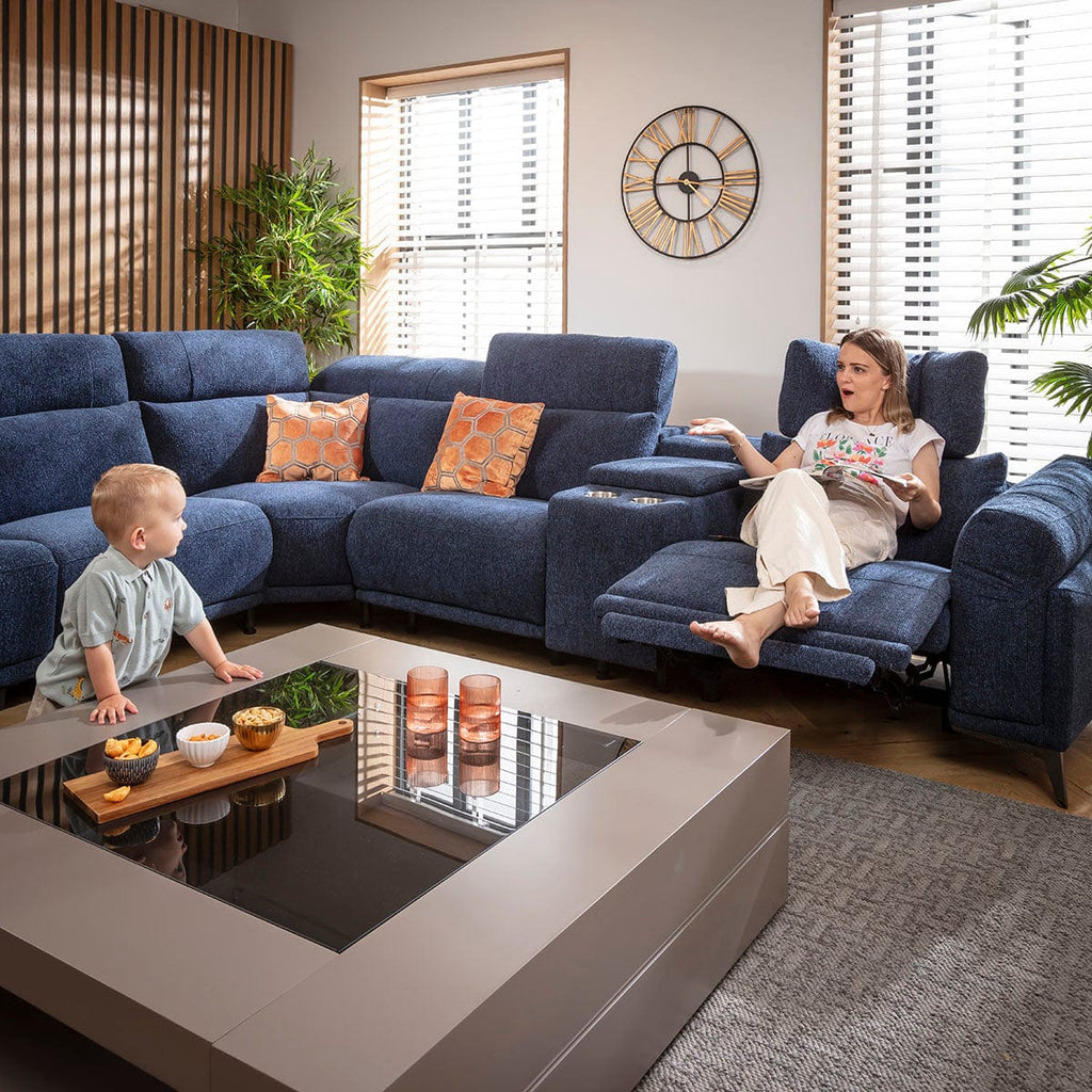 Sydney Large Recliner Corner Sofa with Built in Sound System & Storage Dark Blue 340x300cm