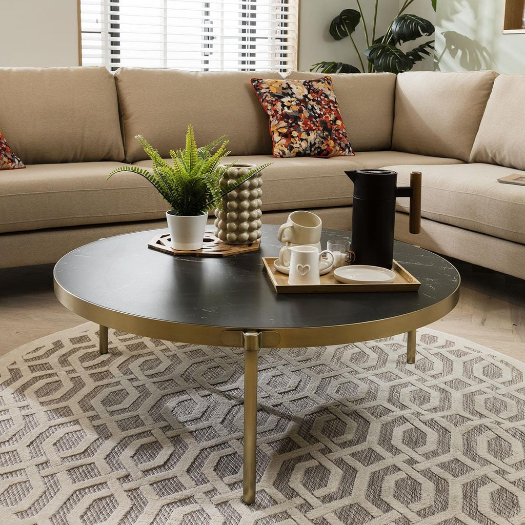 Large Round Ceramic Marble Coffee Table with Metal Trim - 100cm Black