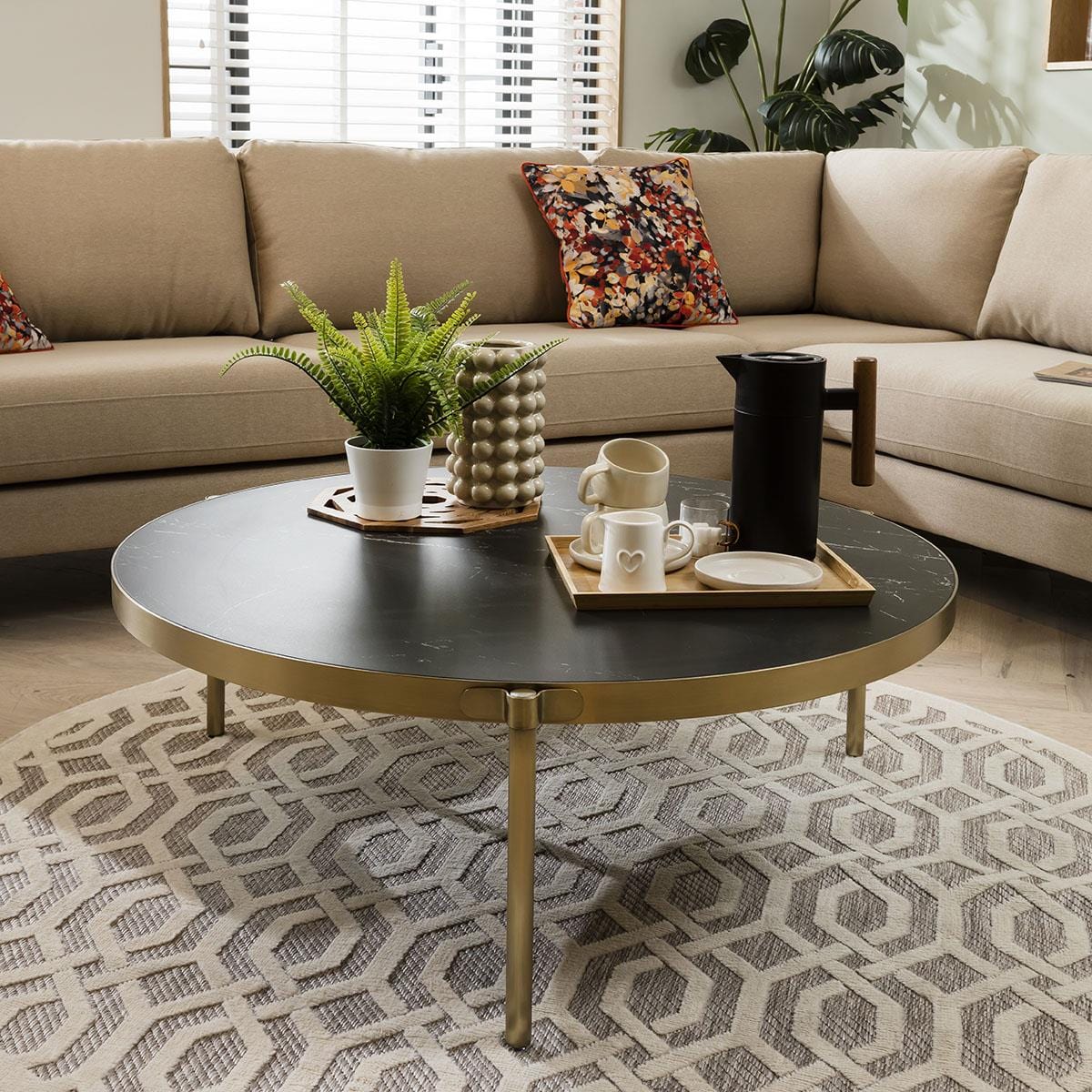 Large Round Ceramic Marble Coffee Table with Metal Trim - 100cm Black