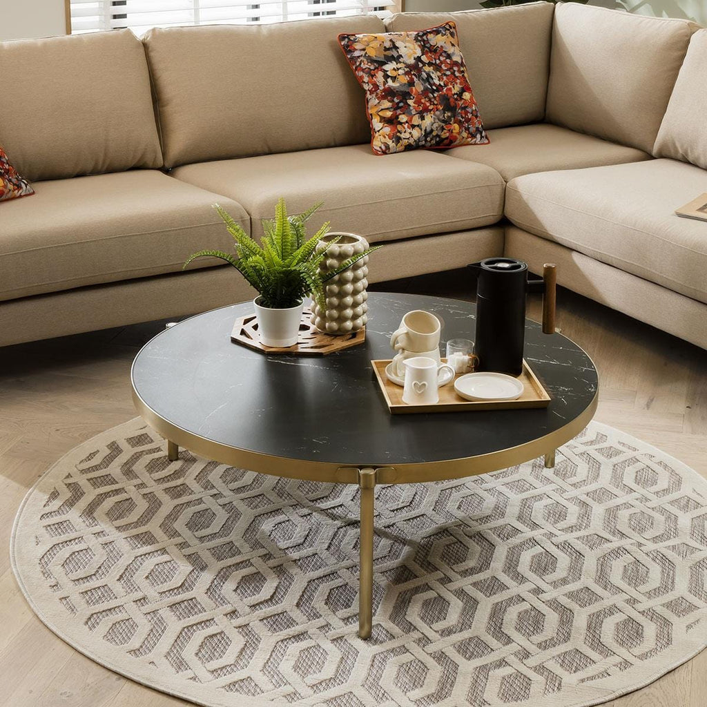 Large Round Ceramic Marble Coffee Table with Metal Trim - 100cm Black