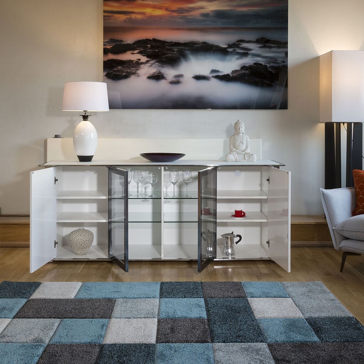 ExDisplay Large Sideboard Cabinet White Gloss and Modern Chrome