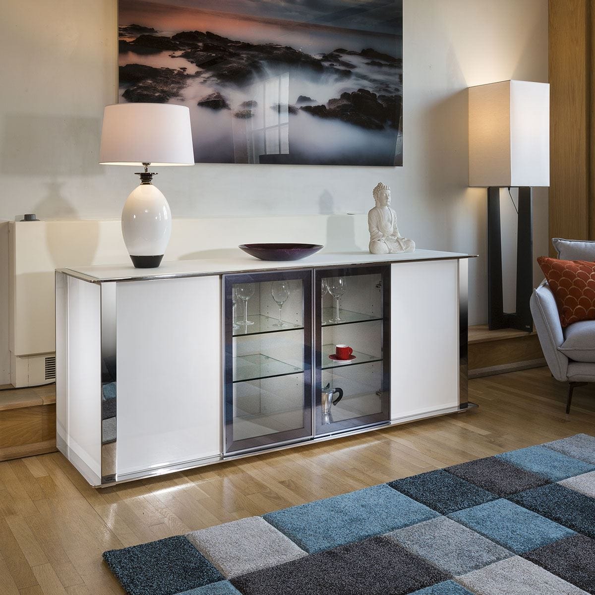 Large Sideboard Cabinet White Gloss and Chrome Modern Quatropi 233 New