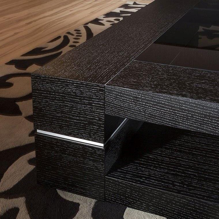 Large Square Black Oak Coffee / Lamp / Side Table Glass Top Modern 82E