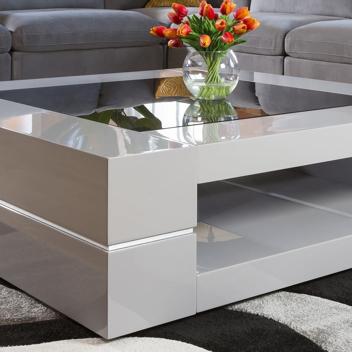 Large Square Grey Gloss Coffee / Lamp / Side Table Glass Top Modern