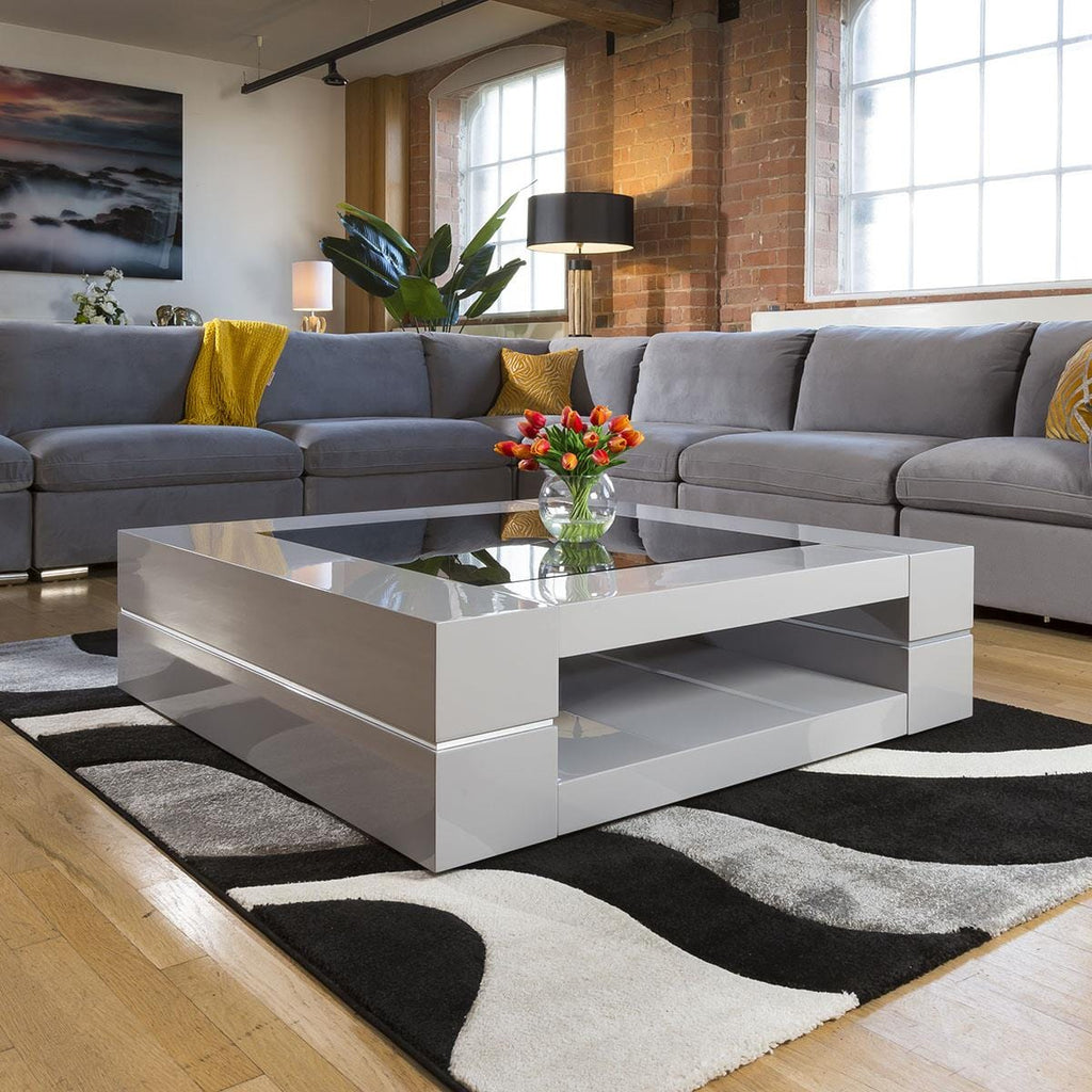 Large Square Grey Gloss Coffee / Lamp / Side Table Glass Top Modern