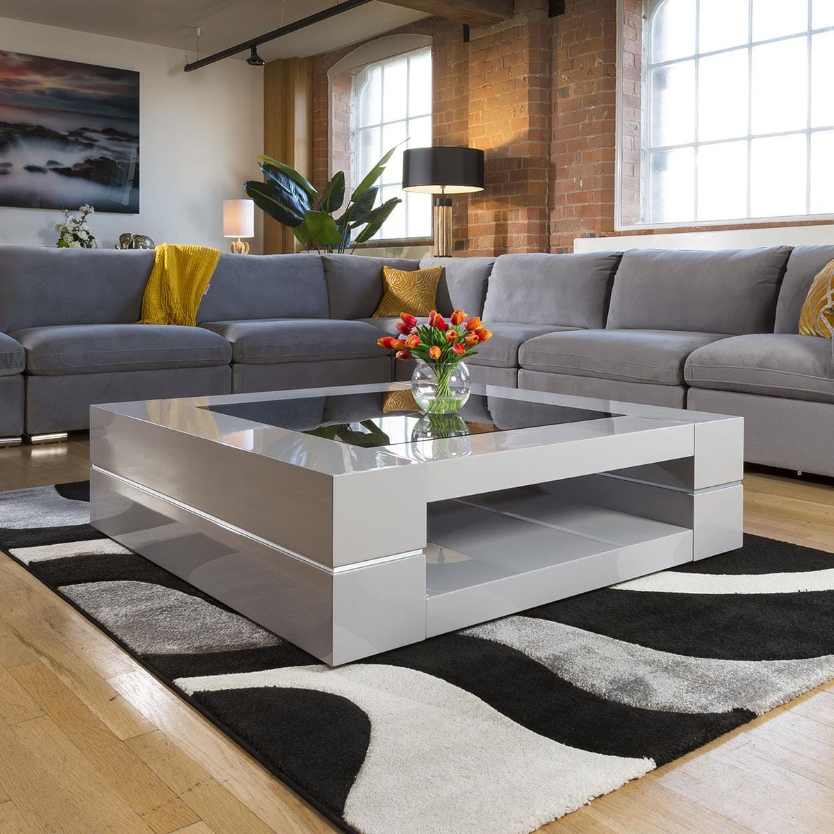 Large Square Grey Gloss Coffee / Lamp / Side Table Glass Top Modern