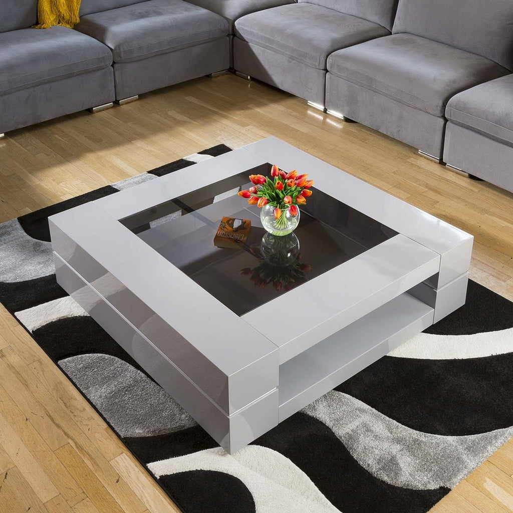 Large Square Grey Gloss Coffee / Lamp / Side Table Glass Top Modern