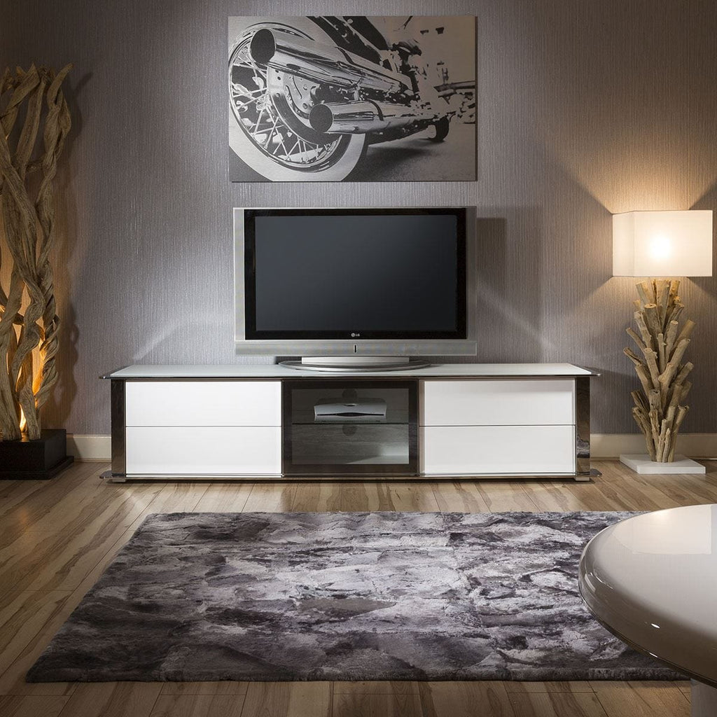 ExDisplay Large TV Cabinet Stand White Gloss and Chrome Modern Quatropi 233