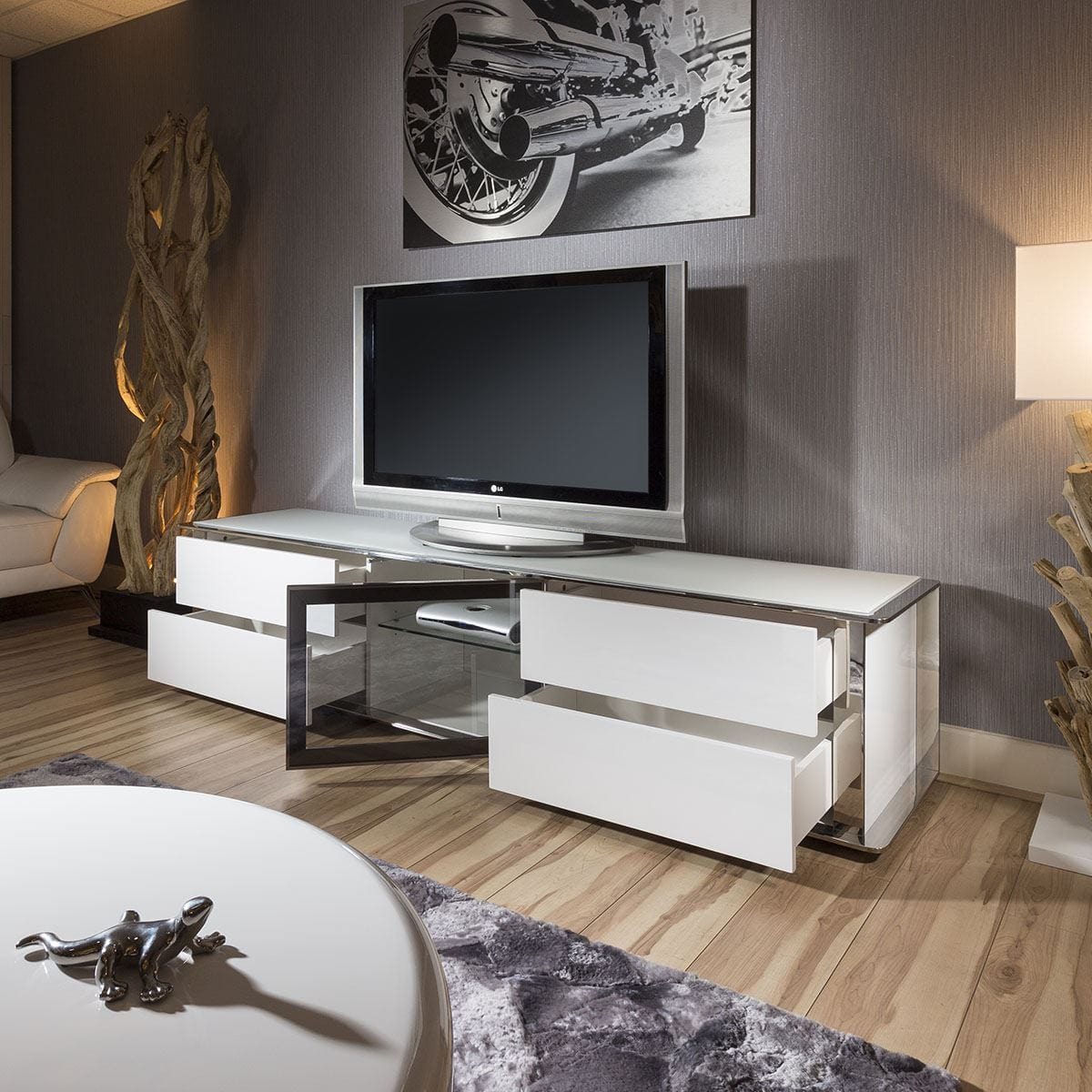 ExDisplay Large TV Cabinet Stand White Gloss and Chrome Modern Quatropi 233