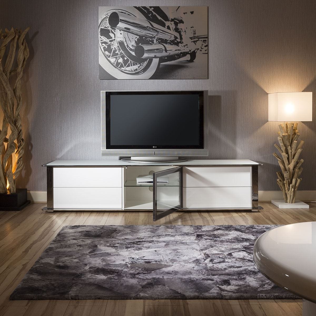 ExDisplay Large TV Cabinet Stand White Gloss and Chrome Modern Quatropi 233