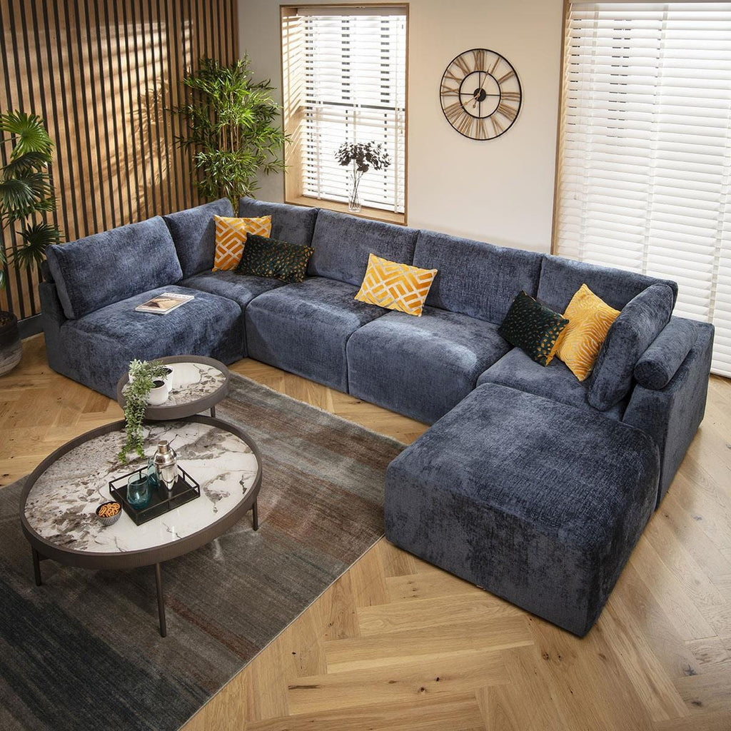 Martha 6 Seater U-Shape Sofa Blue Chenille 348x176cm 6L