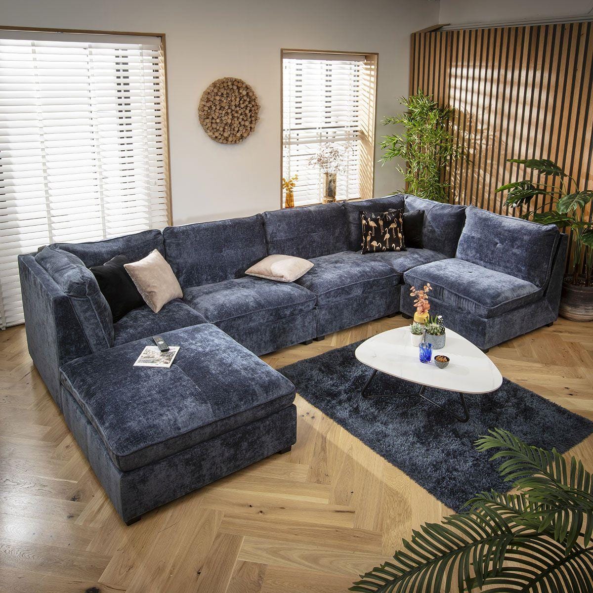 Anni 6 Seater U-Shape Sofa Blue Chenille 366x192cm 6L