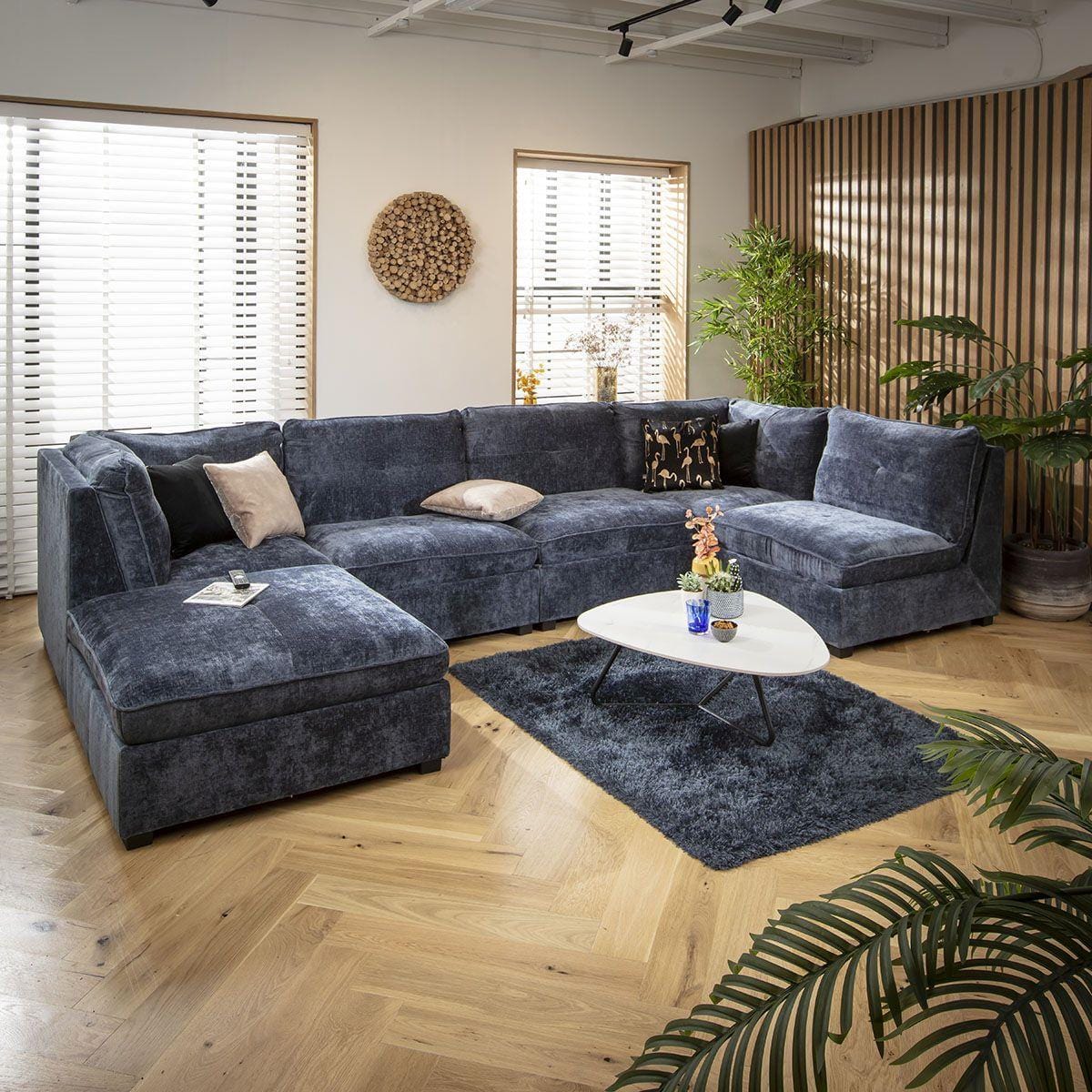 Anni 6 Seater U-Shape Sofa Blue Chenille 366x192cm 6L