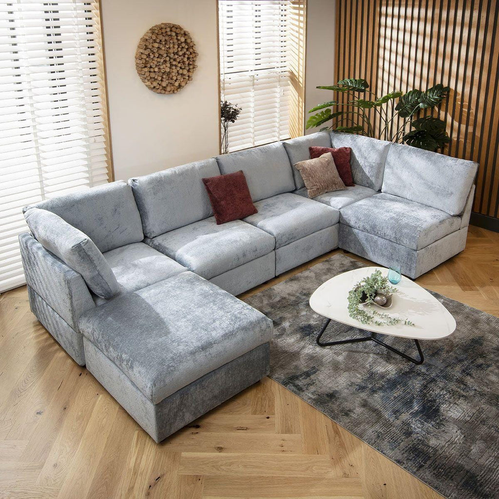 Sully 6 Seater U-Shape Sofa Blue Chenille 320x160cm 6L