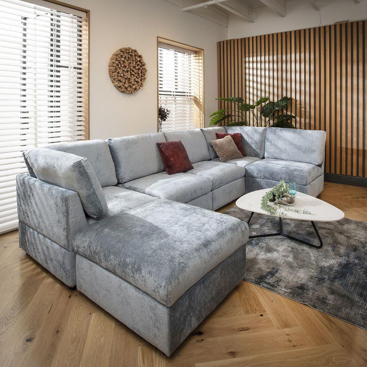 Sully 6 Seater U-Shape Sofa Blue Chenille 320x160cm 6L