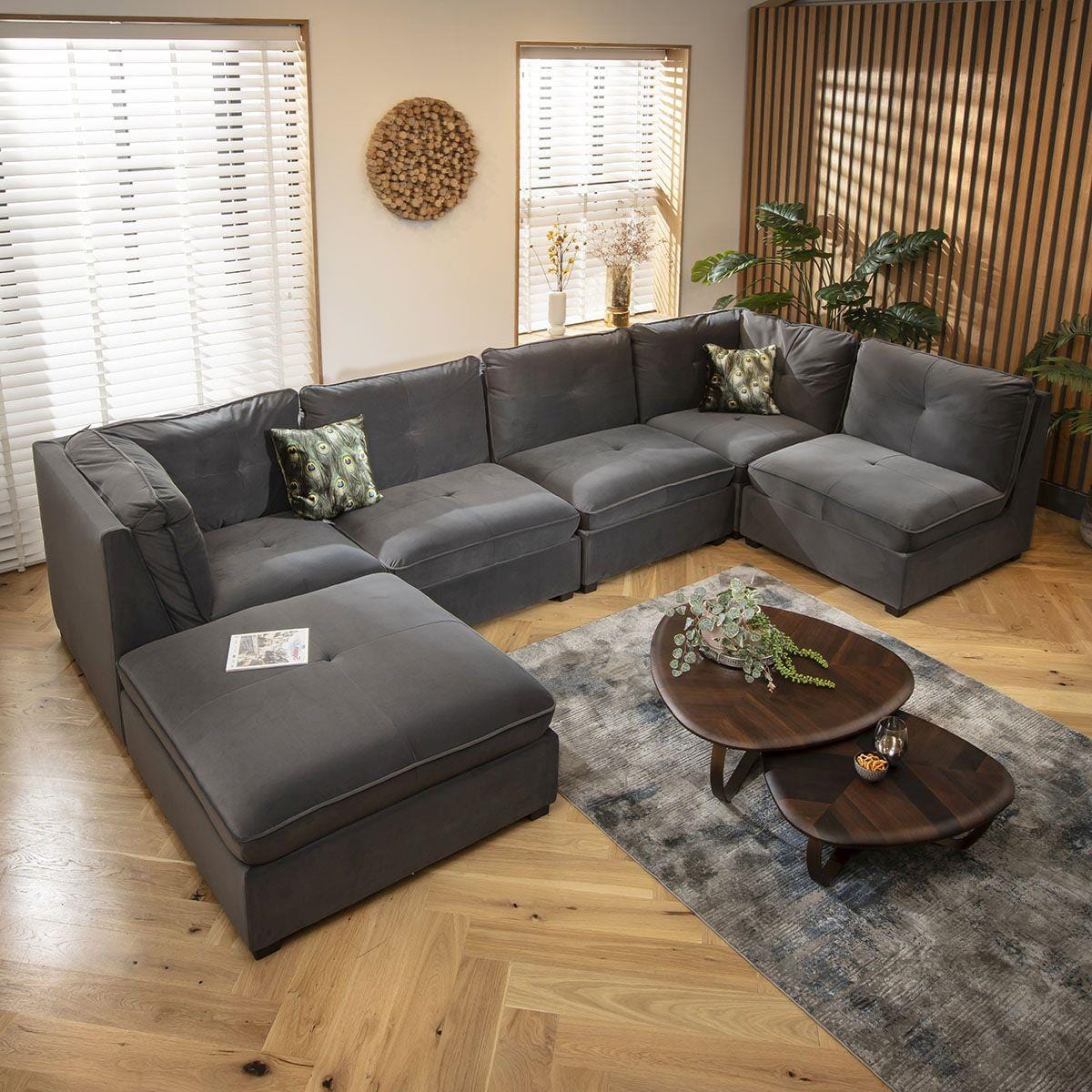 Anni 6 Seater U-Shape Sofa Grey Velvet 366x192cm 6L