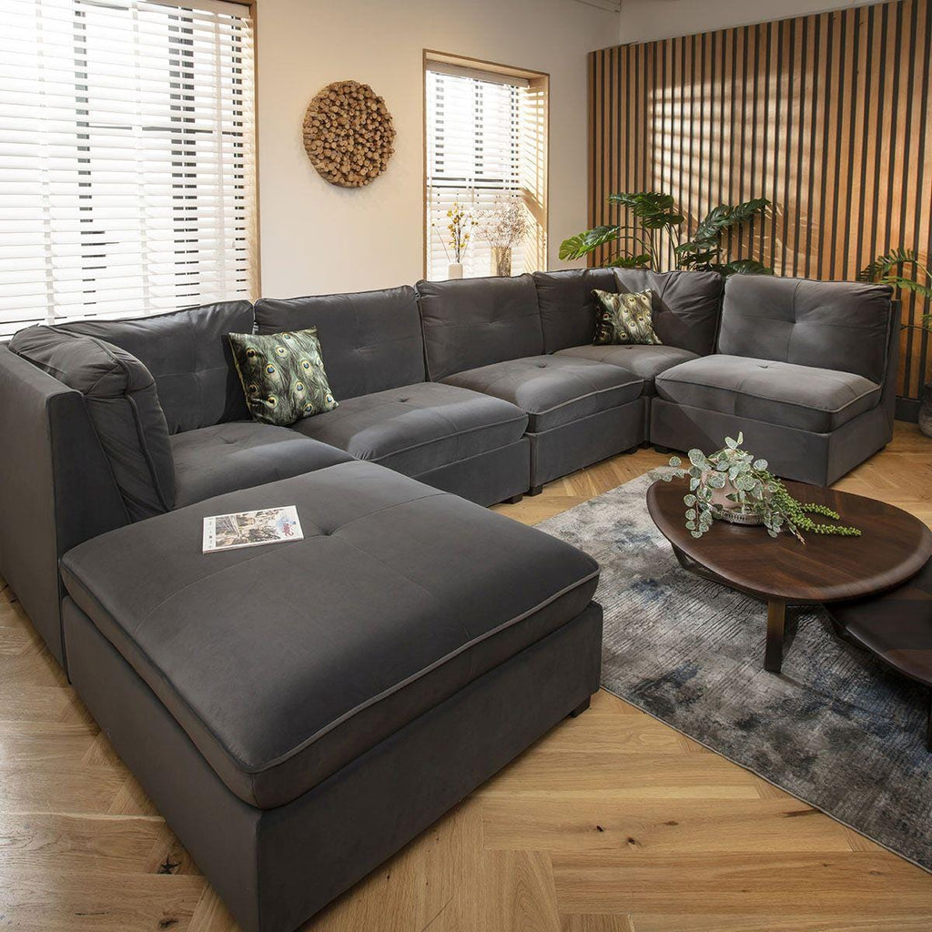 Anni 6 Seater U-Shape Sofa Grey Velvet 366x192cm 6L