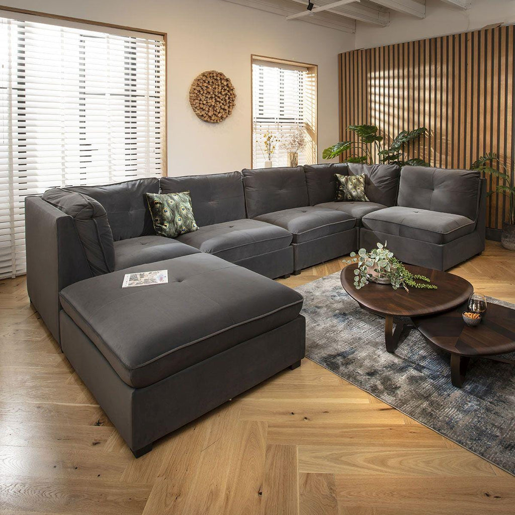 Anni 6 Seater U-Shape Sofa Grey Velvet 366x192cm 6L