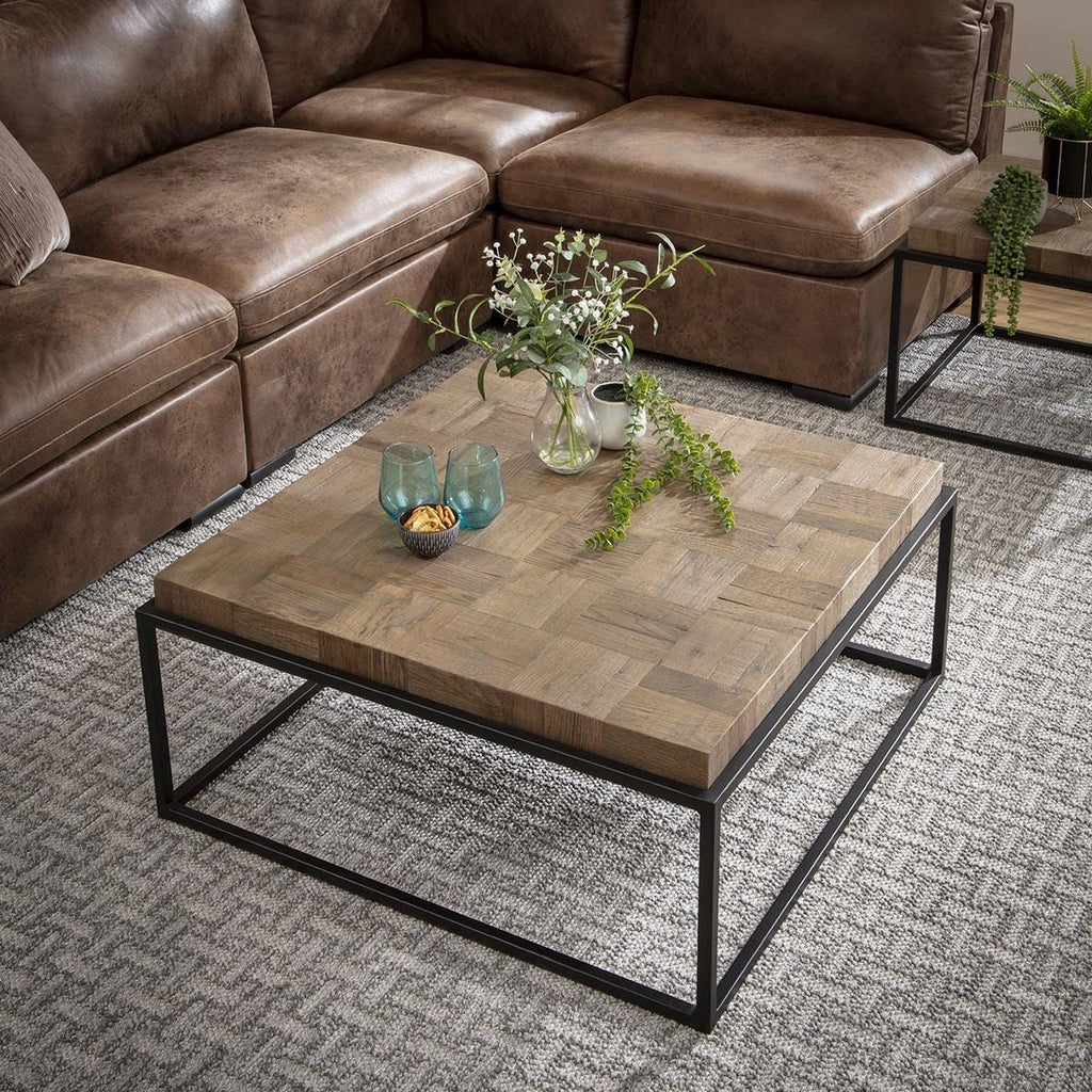 Ziggy Square Wooden Coffee Table Reclaimed Oak & Black Metal 90cm