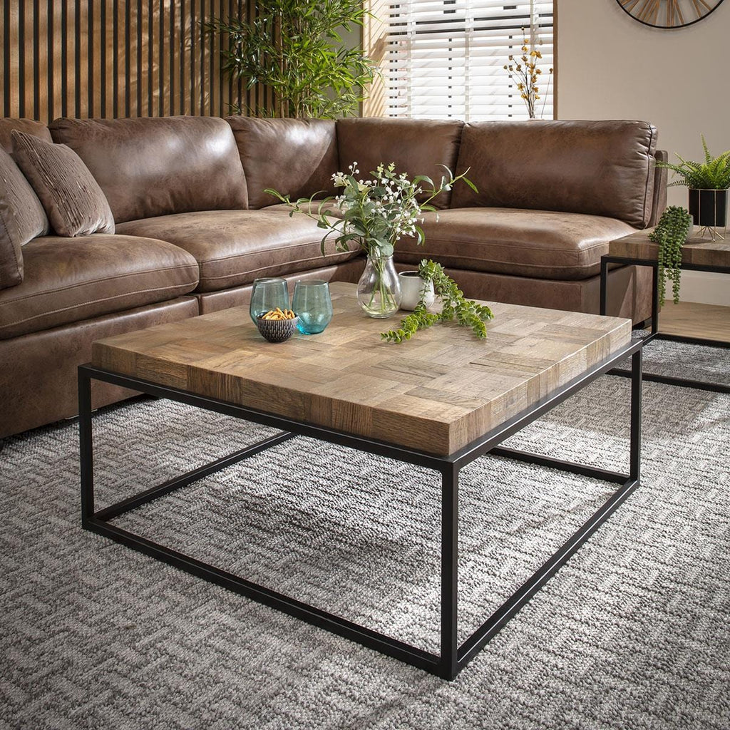 Ziggy Square Wooden Coffee Table Reclaimed Oak & Black Metal 90cm