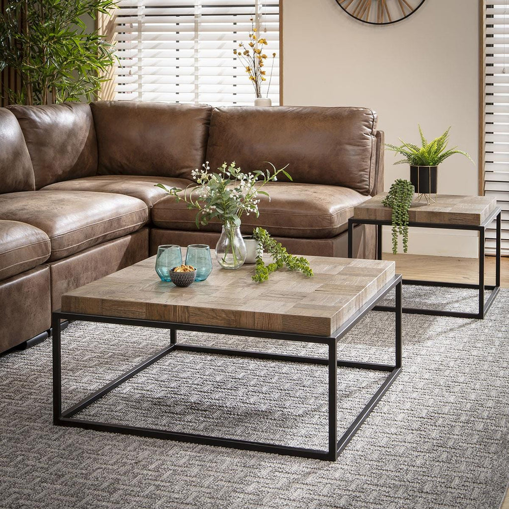Ziggy Square Wooden Coffee Table Reclaimed Oak & Black Metal 90cm