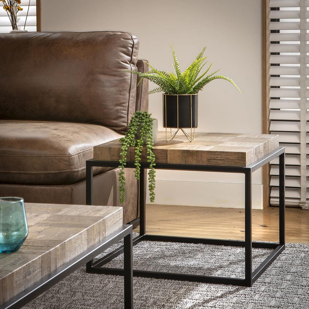 Ziggy Square Wooden Side Table Reclaimed Oak & Black Metal 60cm