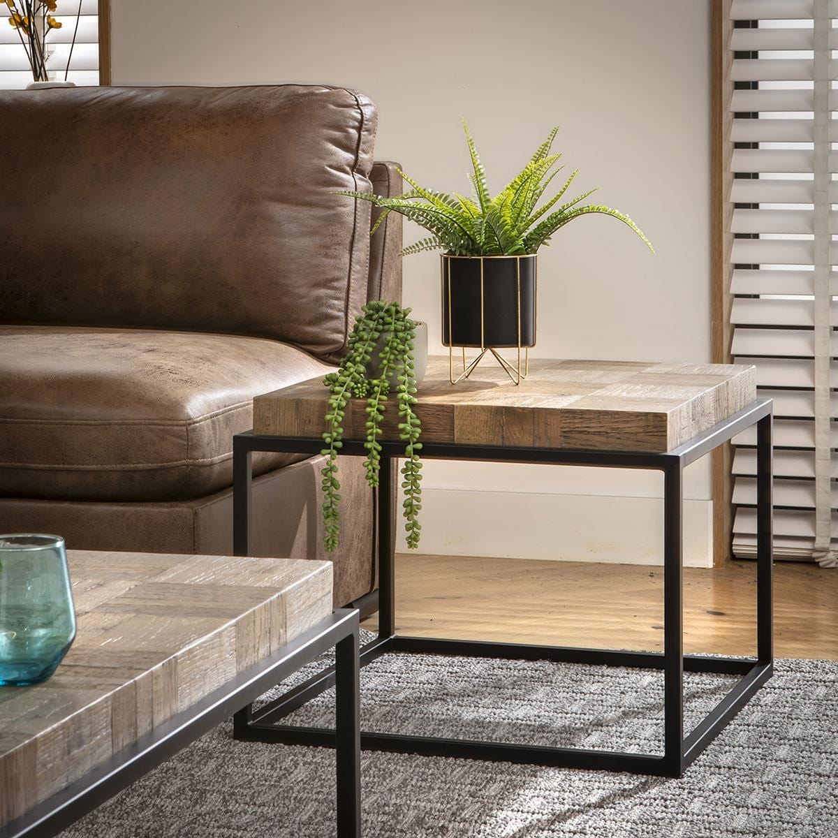 Ziggy Square Wooden Side Table Reclaimed Oak & Black Metal 60cm