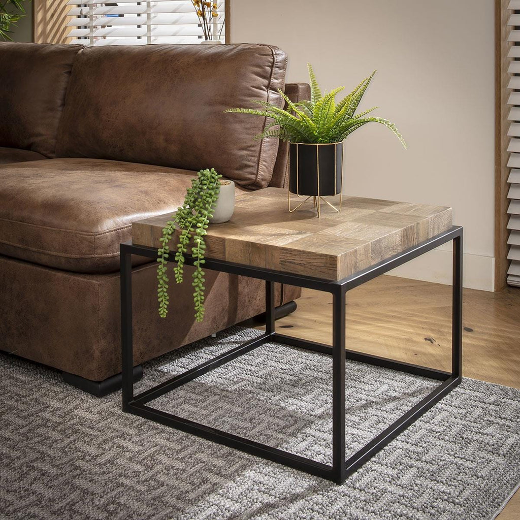 Ziggy Square Wooden Side Table Reclaimed Oak & Black Metal 60cm