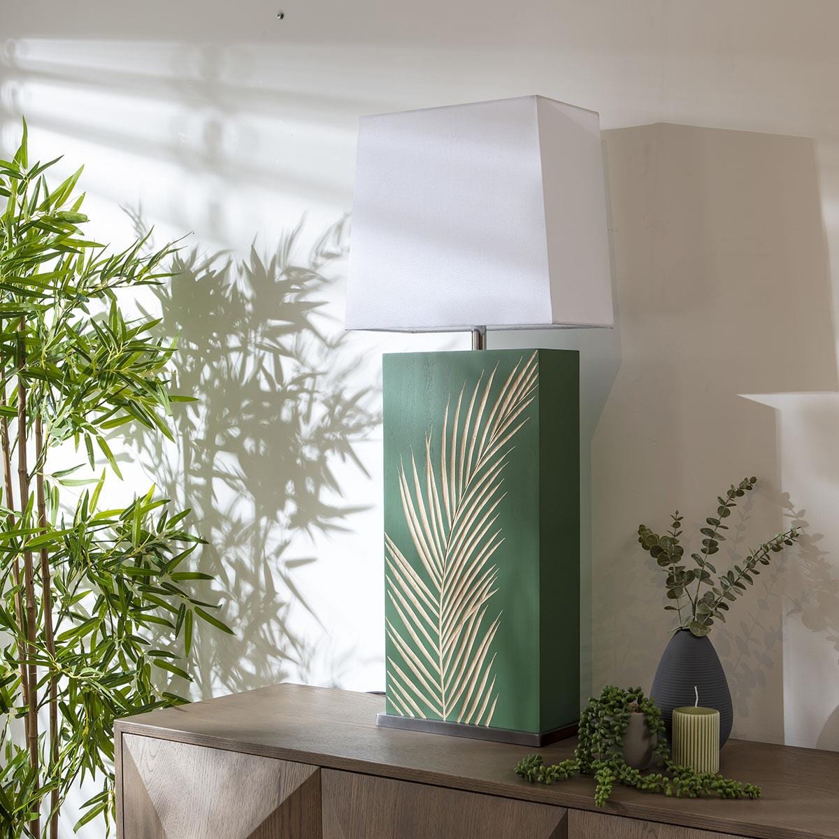 Lux Large Wooden Table Lamp Green Palm Leaf 41x102cm