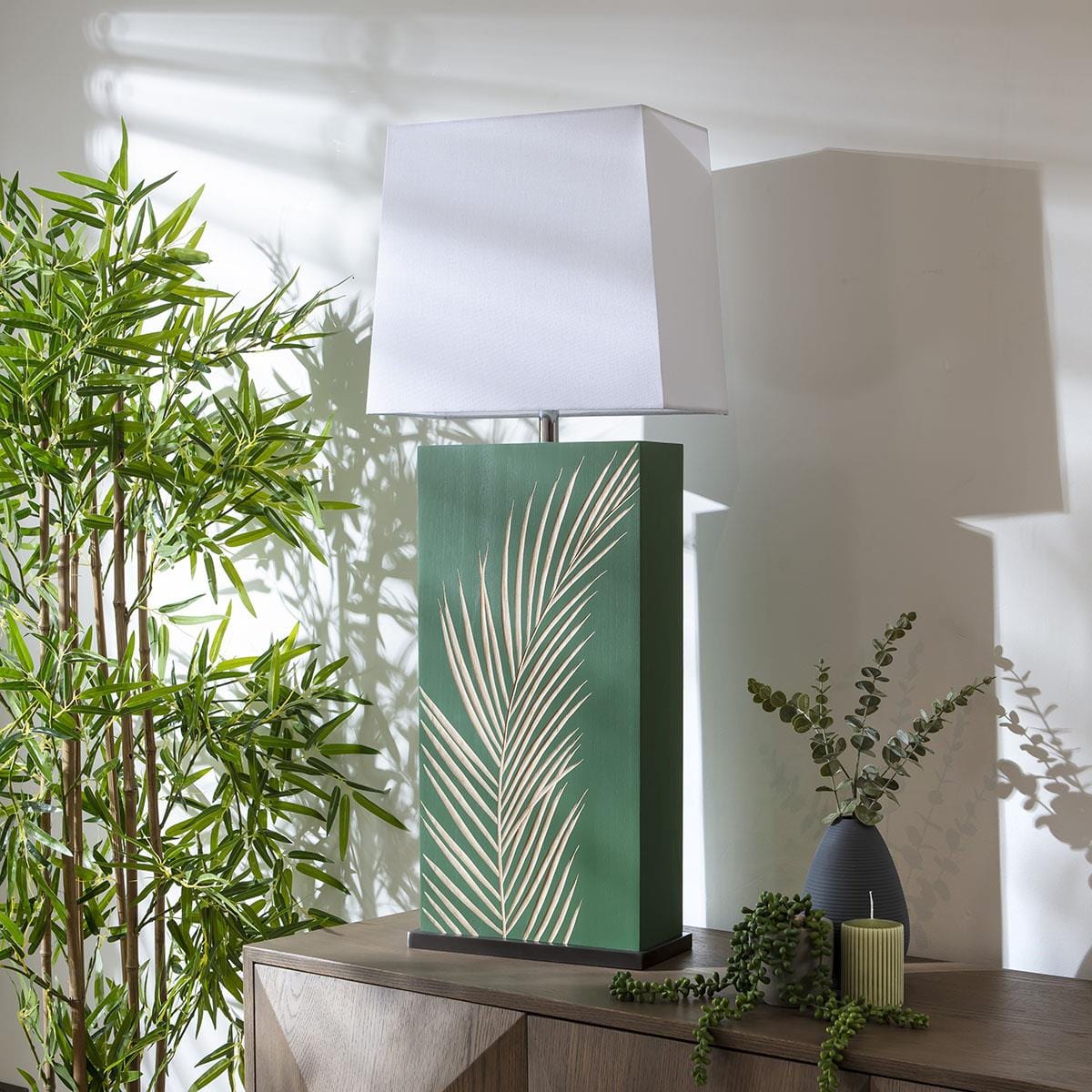 Lux Large Wooden Table Lamp Green Palm Leaf 41x102cm