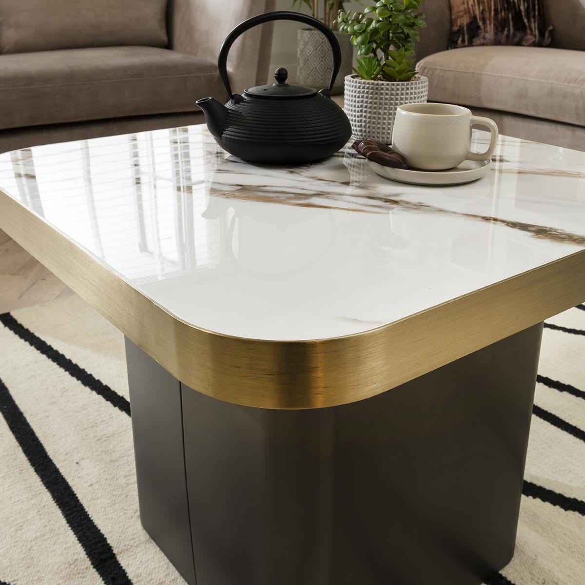 Luxurious Ceramic Marble Side Lamp Table with Metal Trim - White & Gold 65cm Square