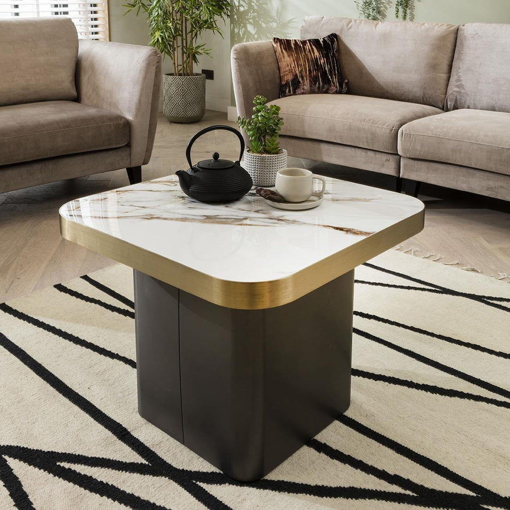 Luxurious Ceramic Marble Side Lamp Table with Metal Trim - White & Gold 65cm Square