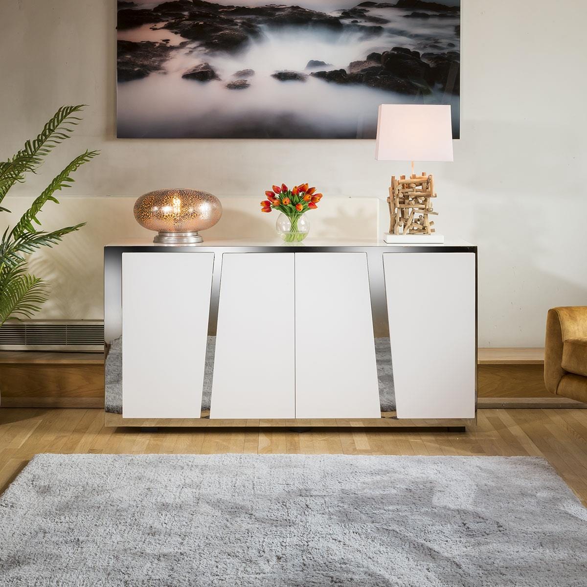 Luxury 1600mm White Sideboard Glass Top Stainless Frame No Assy V