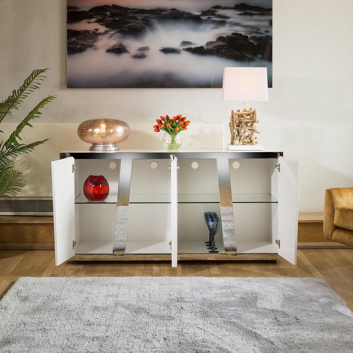 Luxury 1600mm White Sideboard Glass Top Stainless Frame No Assy V