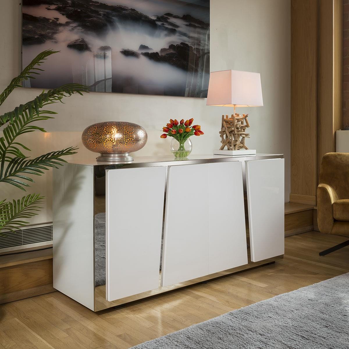 Luxury 1600mm White Sideboard Glass Top Stainless Frame No Assy V