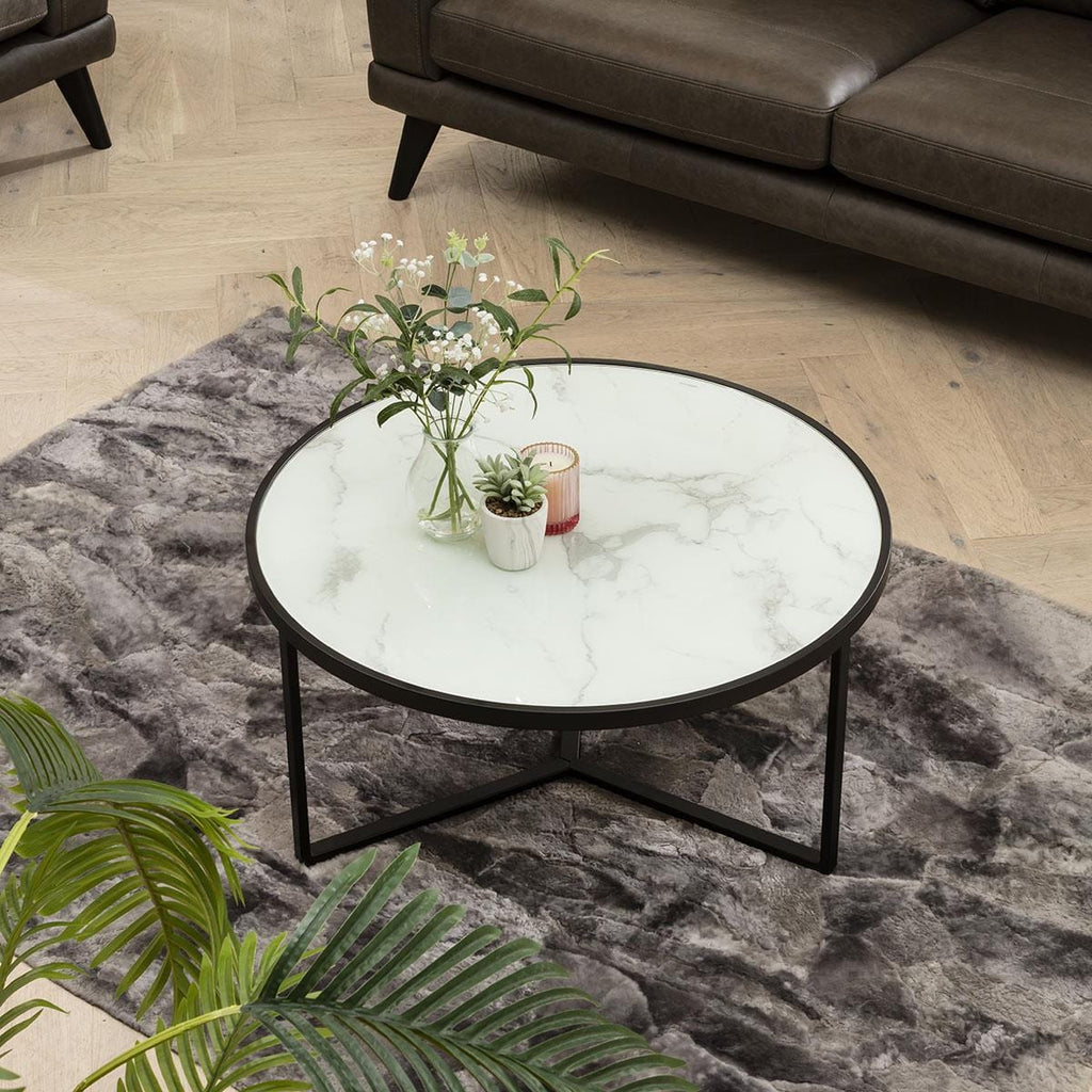 Luxury Circular Metal Coffee Table - Round White Marble-Effect Top 80cm
