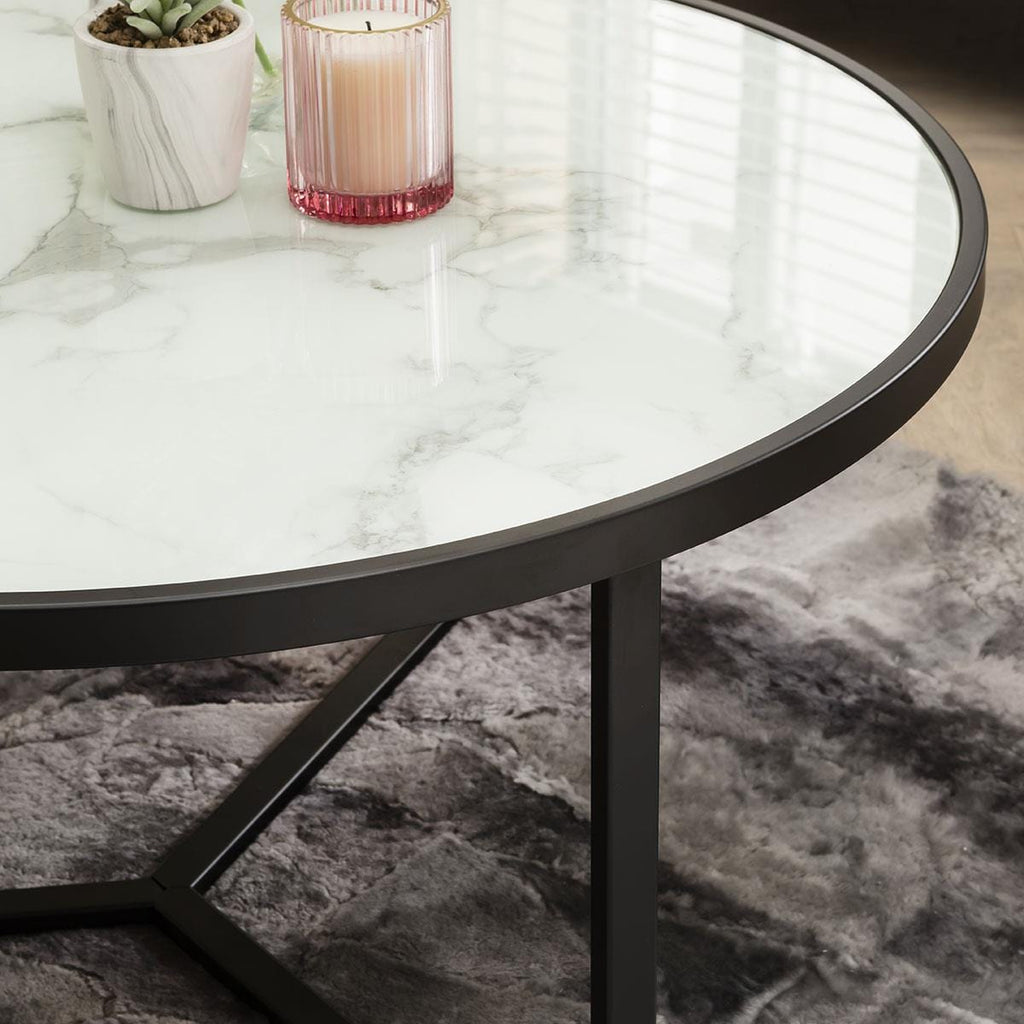 Luxury Circular Metal Coffee Table - Round White Marble-Effect Top 80cm