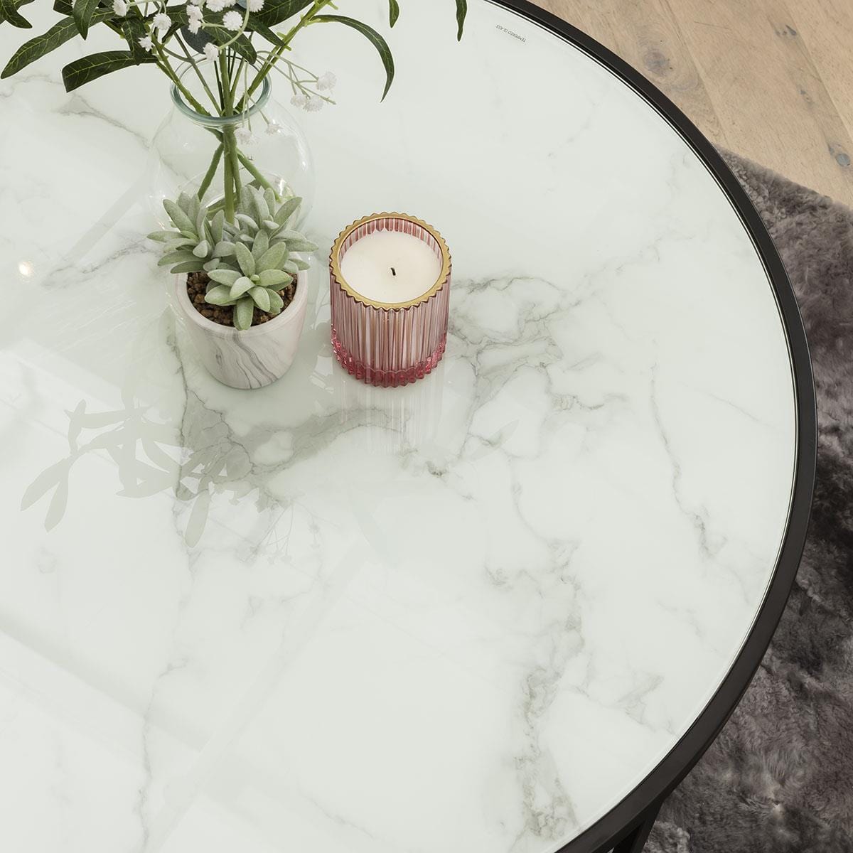 Luxury Circular Metal Coffee Table - Round White Marble-Effect Top 80cm