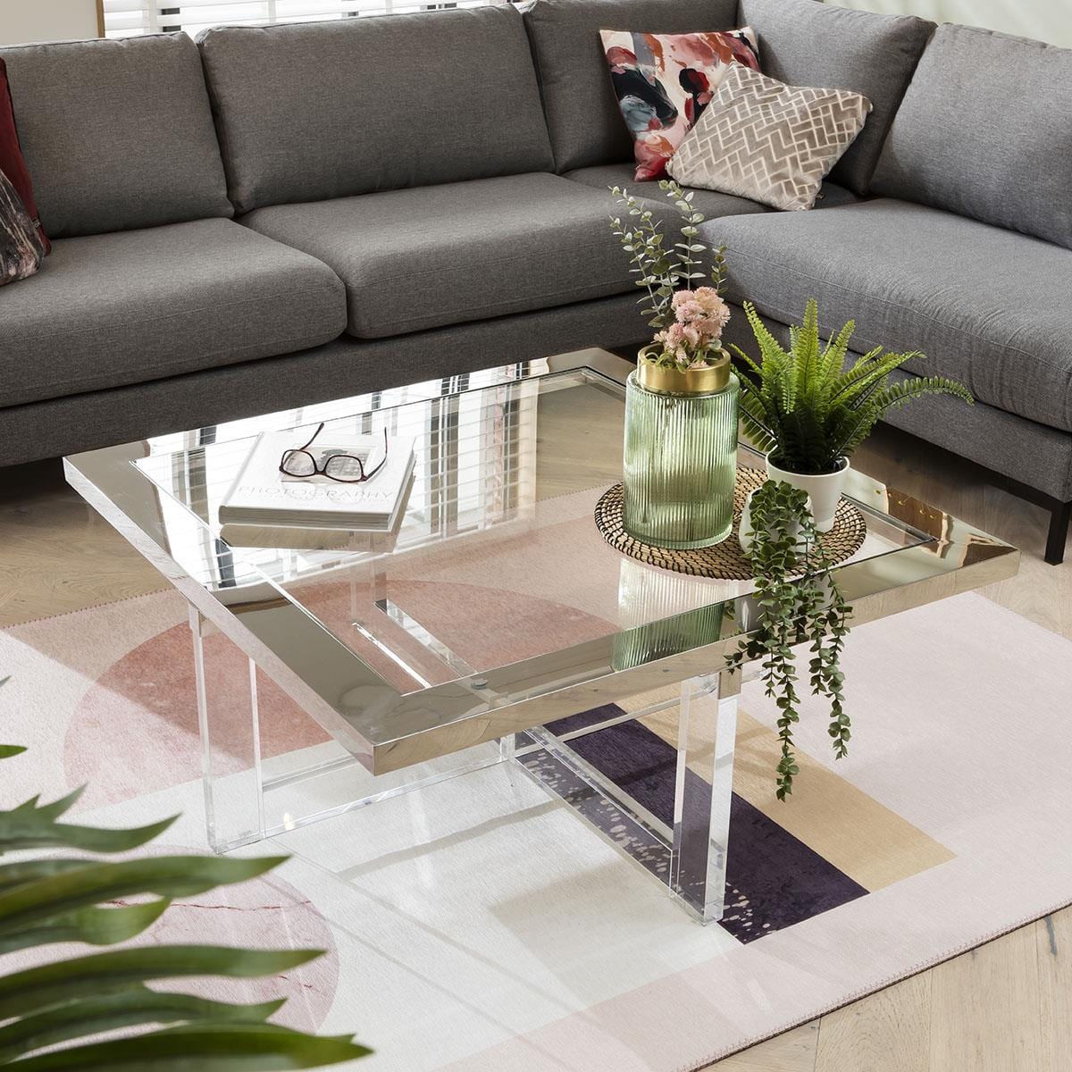 Luxury Clear Glass Coffee Table - Modern Metal Frame - 100cm Square