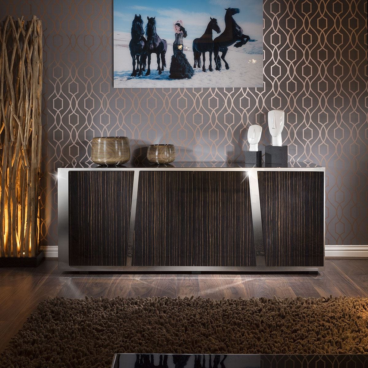 ExDisplay Luxury Ebony 4 Door Sideboard Glass Top Stainless Frame 2mt No Assy V
