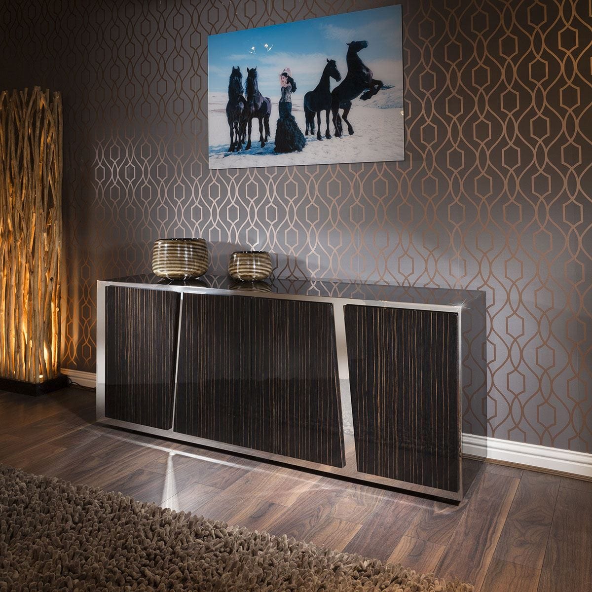 ExDisplay Luxury Ebony 4 Door Sideboard Glass Top Stainless Frame 2mt No Assy V
