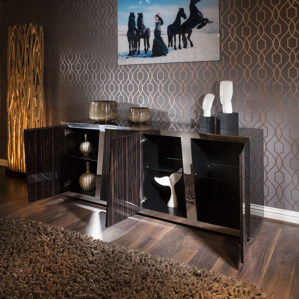 ExDisplay Luxury Ebony 4 Door Sideboard Glass Top Stainless Frame 2mt No Assy V