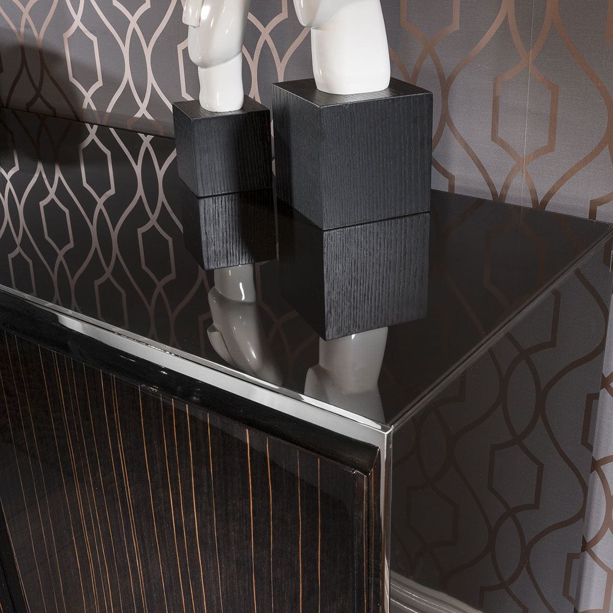 ExDisplay Luxury Ebony 4 Door Sideboard Glass Top Stainless Frame 2mt No Assy V