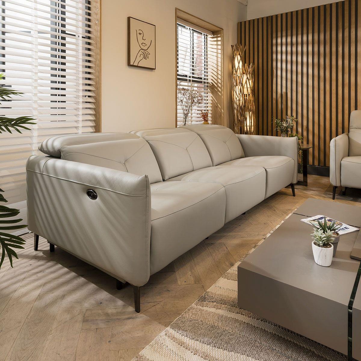 Reggie Recliner 3 Seater Leather Sofa Stone