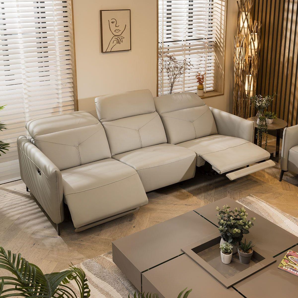 Reggie Recliner 3 Seater Leather Sofa Stone