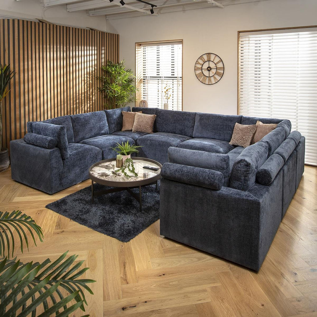 Martha 8 Seater U-Shape Sofa Blue Chenille 348x266cm 11